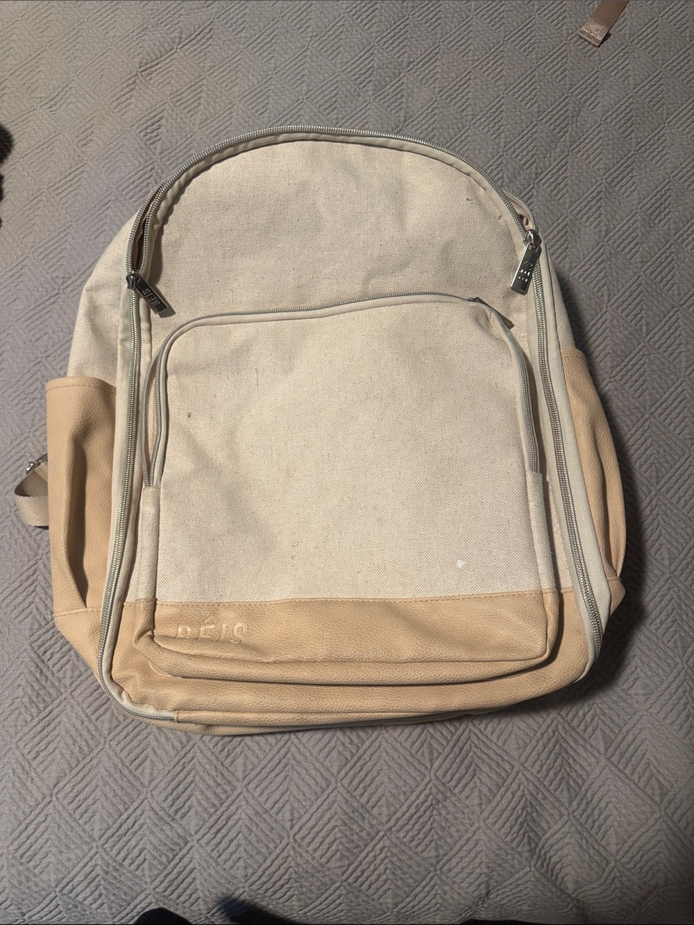 BEIS Two-Tone Canvas & Leather Backpack — Cream & Tan